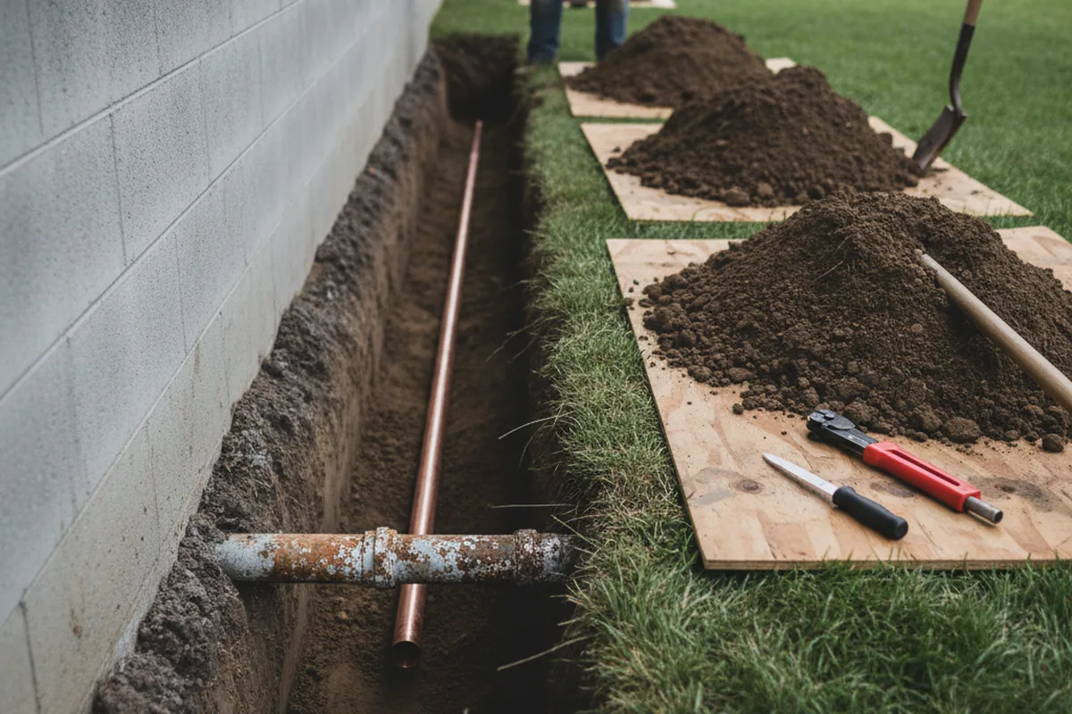 Excavated water line trench during Sewer Line Repair in Northpoint